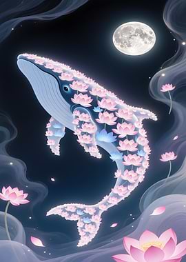 Floral Whale Under Moonlight