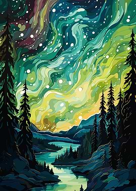Northern Lights Landscape Painting