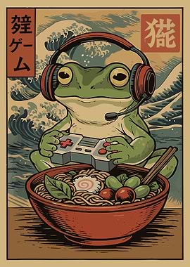 Frog Gamer with Ramen and Waves