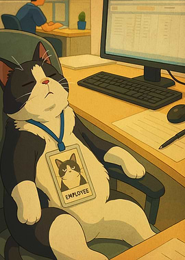 Sleeping Cat Employee in Office