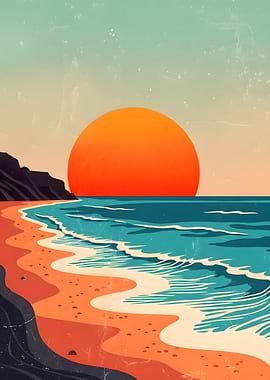 Retro Beach Sunset Illustration