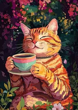 Cat enjoying coffee in a garden