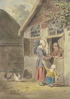 A man is talking to a woman at a front door