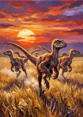Velociraptors Running at Sunset Painting