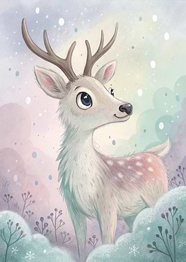Watercolor Deer in Winter Scene