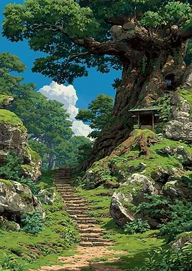 Lush Forest Path with Ancient Tree