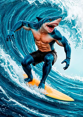 Shark Surfer Riding a Wave