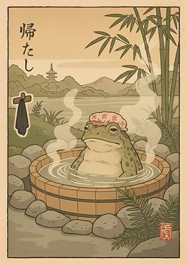 Frog in Onsen with Cherry Blossoms