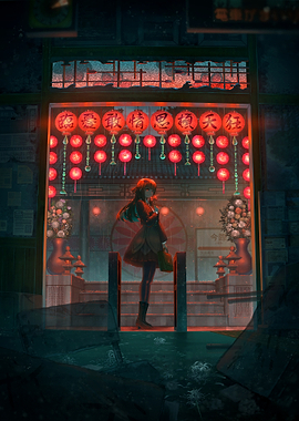 Rainy Japanese Street with Lanterns