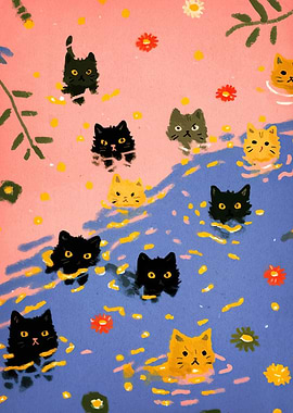 Cats in Water with Flowers