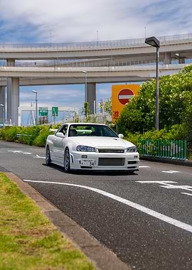 White Nissan Skyline R34 at the Daikoku Parking Area, Tokyo