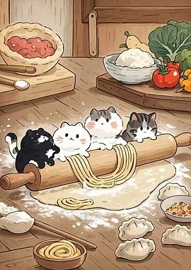 Cats Baking Dumplings
