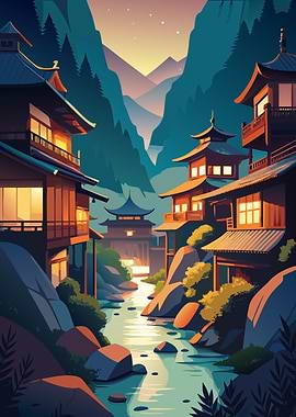Japanese Village by River at Sunset