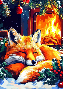 Sleeping Fox by Fireplace Christmas Art