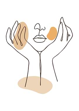 Minimalist Line Art Face with Hands
