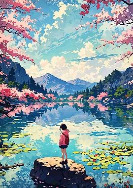 Anime Girl at Lake with Cherry Blossoms
