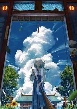Anime Girl with Broom and Clouds