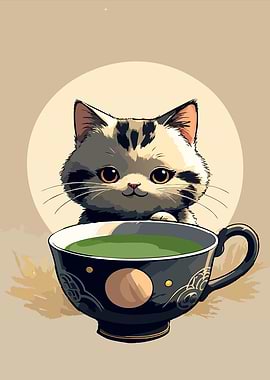 Cat with Matcha Tea