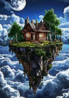 Floating Island Cabin at Night