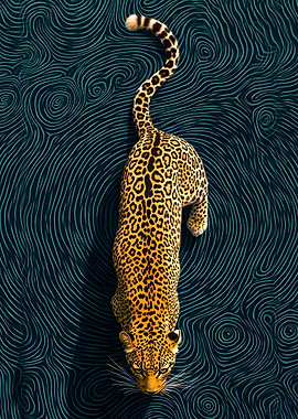 Leopard on Swirling Teal Background