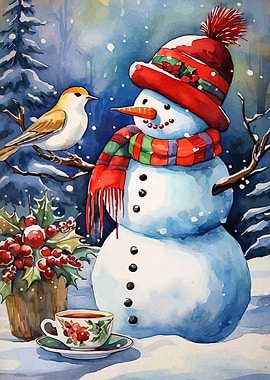 Watercolor Snowman with Bird and Tea