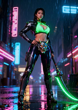 Cyberpunk Warrior in Neon Cityscape