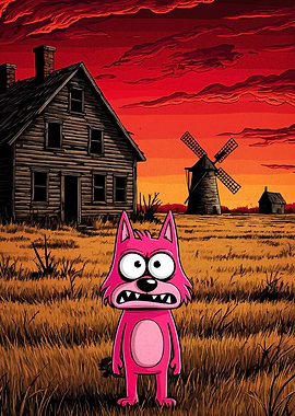 Pink Cartoon Character in Rural Setting