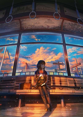 Anime Girl with Flowers on Bench