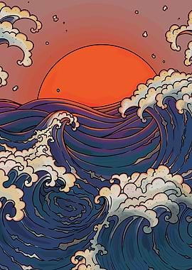 Japanese Wave Art with Rising Sun