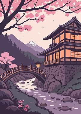 Japanese Landscape with Cherry Blossoms
