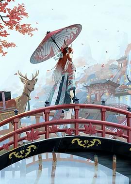 Anime Girl with Deer on Bridge