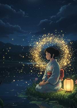 Girl in Kimono by Lake Night