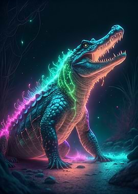 Neon Alligator in the Dark