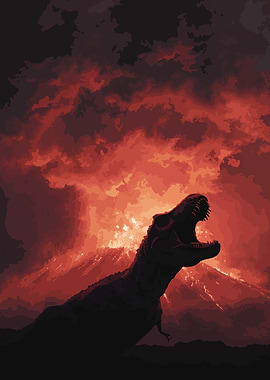 Tyrannosaurus Rex Roaring Volcano Eruption