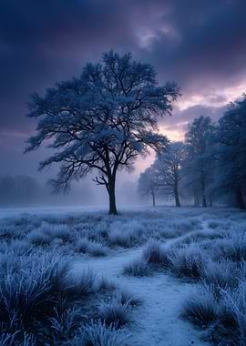 Winter Landscape with Frost-Covered Tree