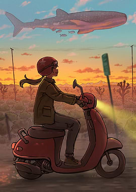 Girl on Scooter with Whale Shark