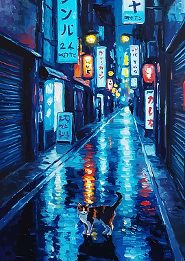 Cat in Rainy Japanese Alley Painting