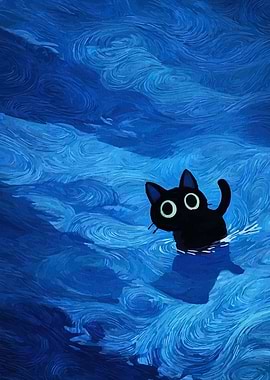 Black Cat Swimming in Blue Water