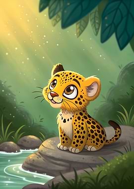 Jungle Joy Playful Leopard Cub by the Stream Cute Animal Art