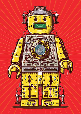 Steampunk Lego Robot on Red Background