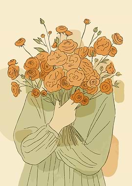 Woman Holding Orange Roses Illustration