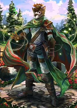 Anthropomorphic Raccoon King in Garden