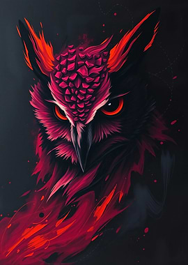Abstract Owl Portrait in Red and Black