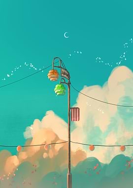 Japanese Lanterns Under Crescent Moon