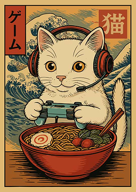 Cute Kawaii Gamer Cat Funny Ramen Retro Japanese Cat Gaming