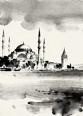 Istanbul Skyline Ink Wash Painting