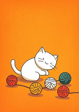 White Cat with Yarn Balls