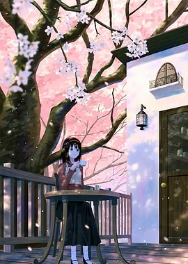 Anime Girl Tea Time Under Cherry Blossoms