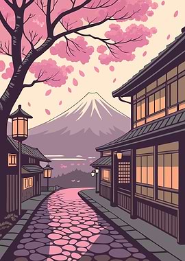 Japanese street with Mount Fuji view
