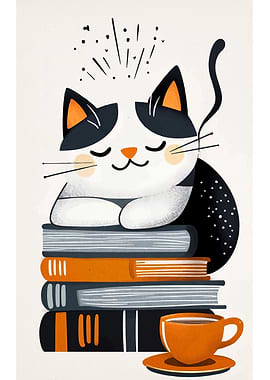 Cat Nap on Books with Coffee